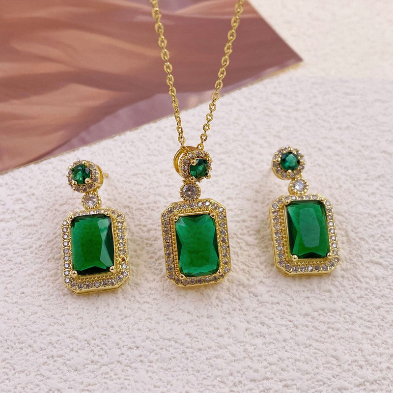 Gold Plated Elegant Emerald Geometric Pendant Set