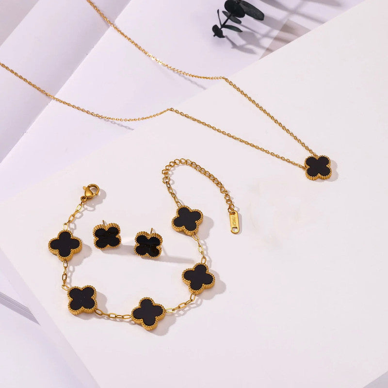 Stainless Steel Gold Plated Set Of Black Anti Tarnish Clover Jewellery Set For Girls And Women