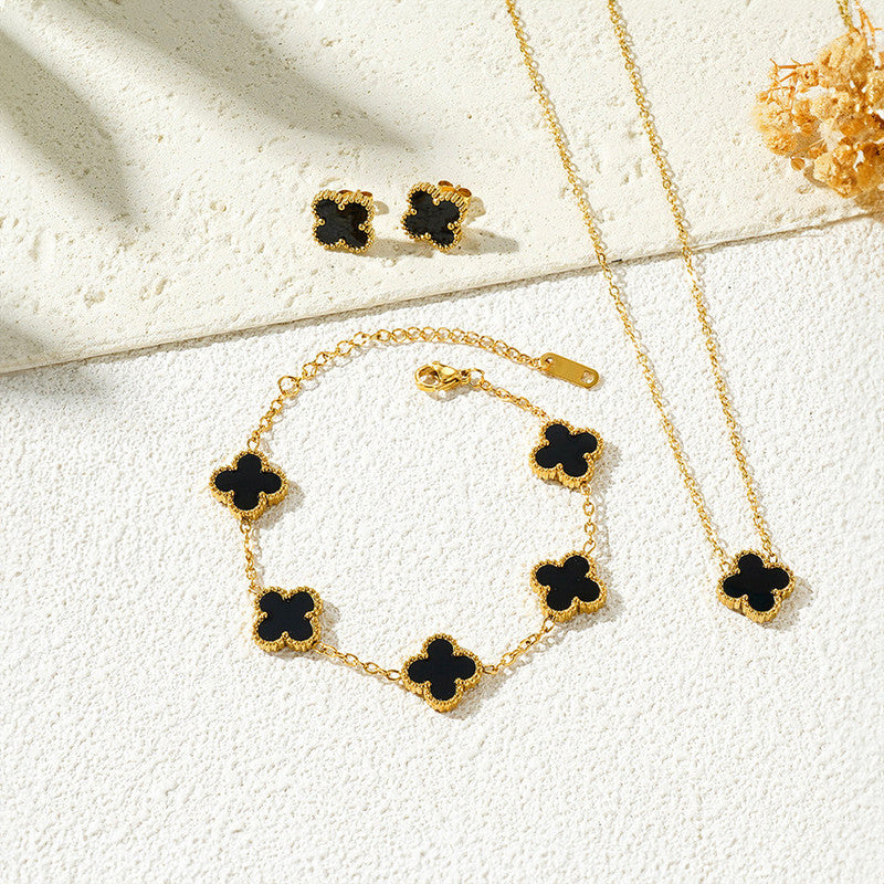 Stainless Steel Gold Plated Set Of Black Anti Tarnish Clover Jewellery Set For Girls And Women