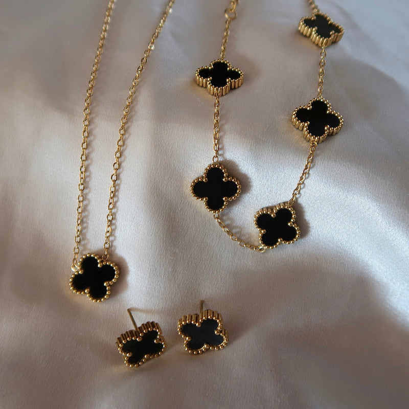 Stainless Steel Gold Plated Set Of Black Anti Tarnish Clover Jewellery Set For Girls And Women