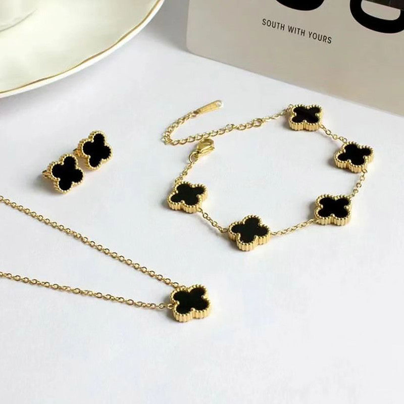 Stainless Steel Gold Plated Set Of Black Anti Tarnish Clover Jewellery Set For Girls And Women