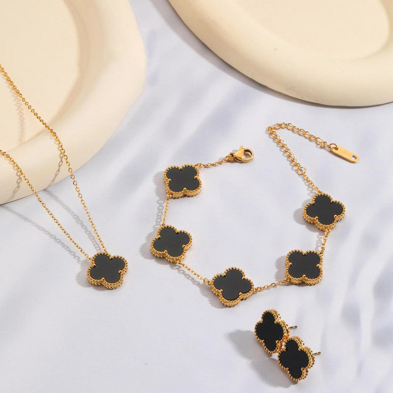 Stainless Steel Gold Plated Set Of Black Anti Tarnish Clover Jewellery Set For Girls And Women