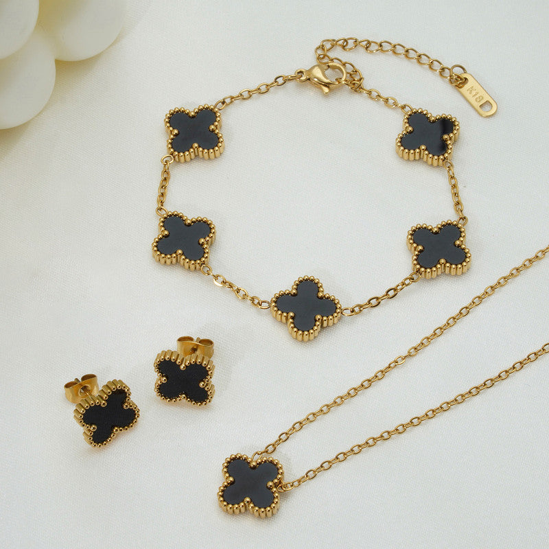 Stainless Steel Gold Plated Set Of Black Anti Tarnish Clover Jewellery Set For Girls And Women