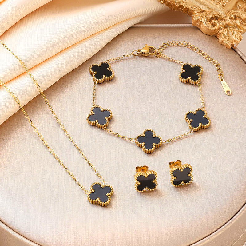 Stainless Steel Gold Plated Set Of Black Anti Tarnish Clover Jewellery Set For Girls And Women