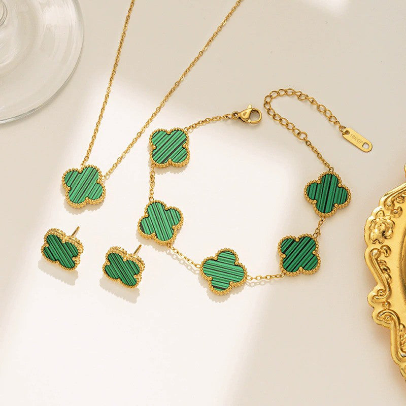 Stainless Steel Gold Plated Set Of Green Anti Tarnish Clover Jewellery Set For Girls And Women