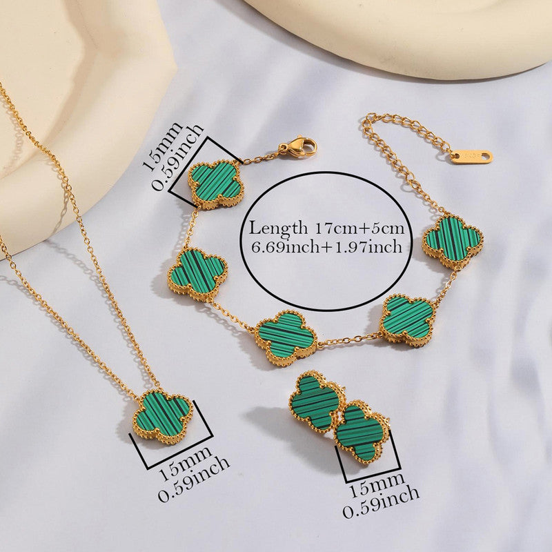 Stainless Steel Gold Plated Set Of Green Anti Tarnish Clover Jewellery Set For Girls And Women