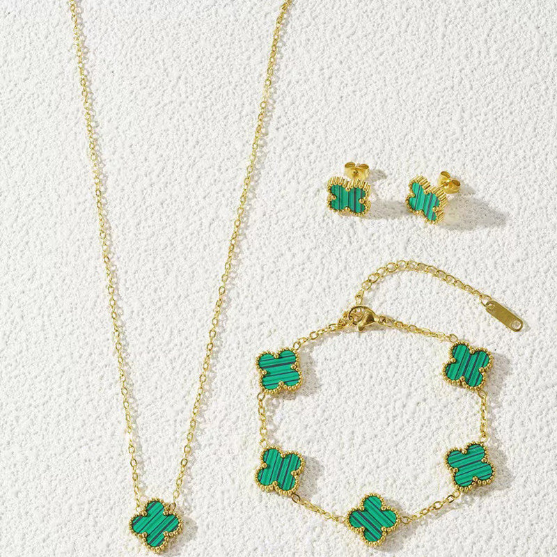 Stainless Steel Gold Plated Set Of Green Anti Tarnish Clover Jewellery Set For Girls And Women