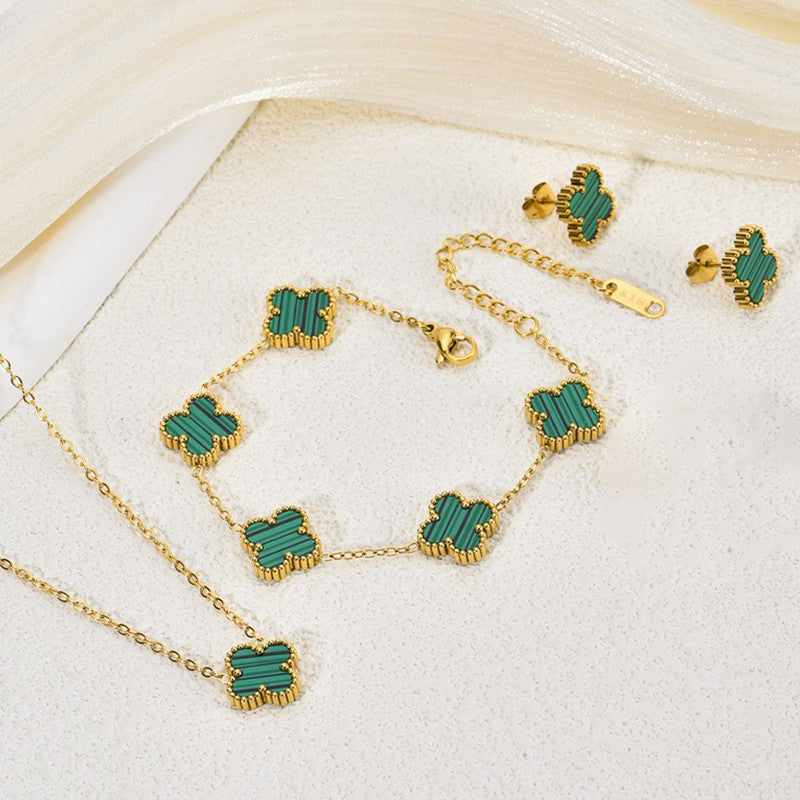 Stainless Steel Gold Plated Set Of Green Anti Tarnish Clover Jewellery Set For Girls And Women