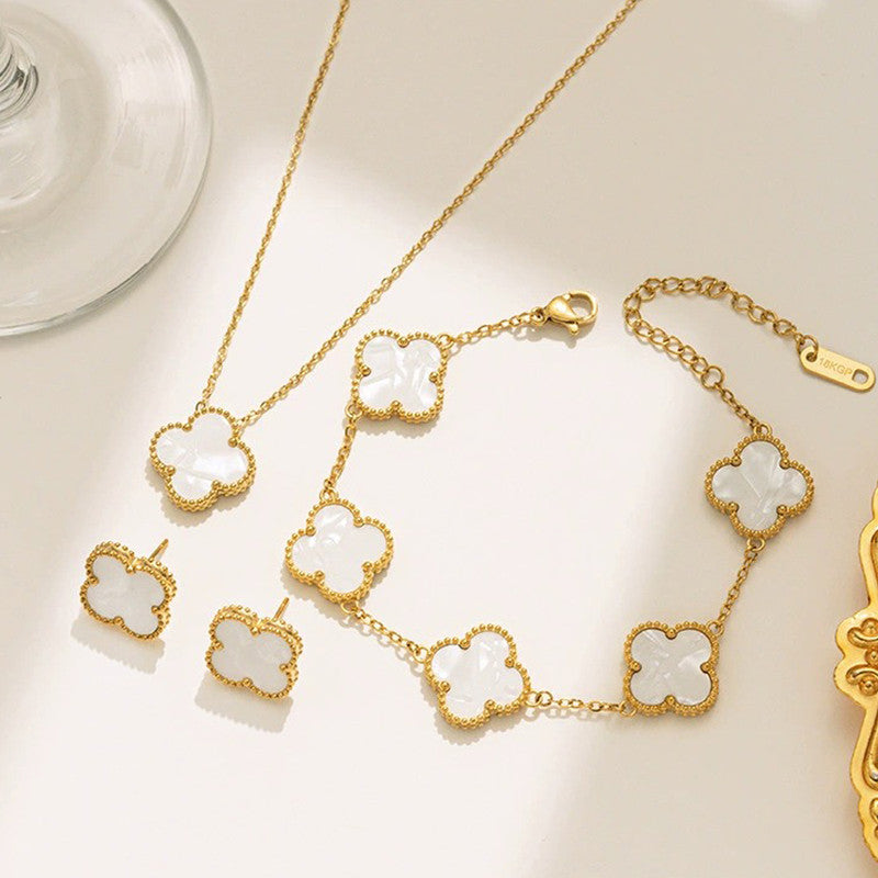 Stainless Steel Gold Plated Set Of White Anti Tarnish Clover Jewellery Set For Girls And Women