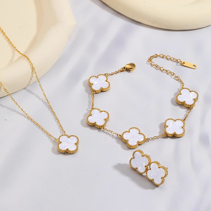 Stainless Steel Gold Plated Set Of White Anti Tarnish Clover Jewellery Set For Girls And Women