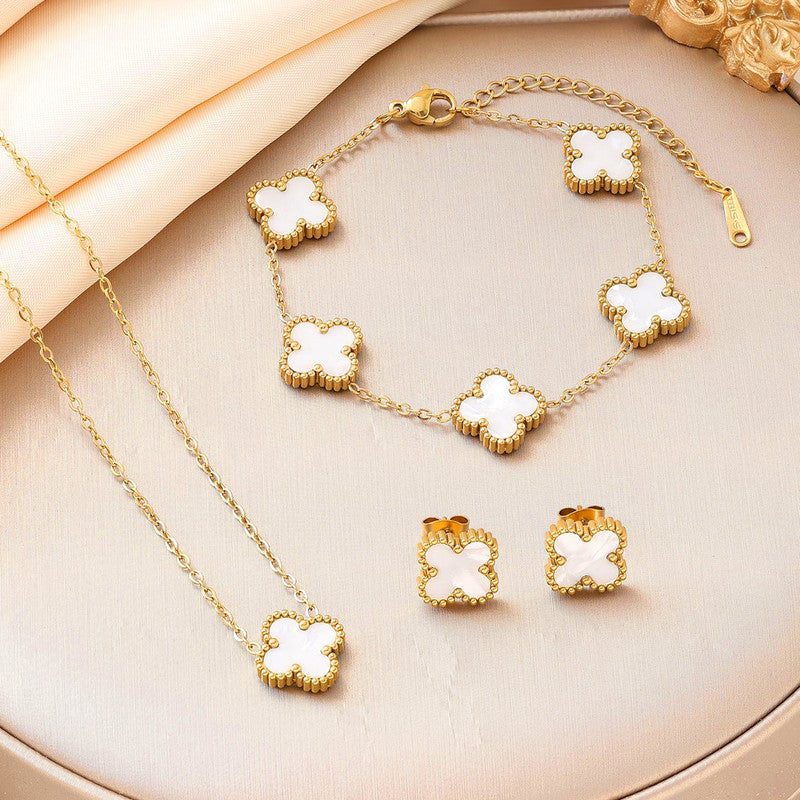 Stainless Steel Gold Plated Set Of White Anti Tarnish Clover Jewellery Set For Girls And Women