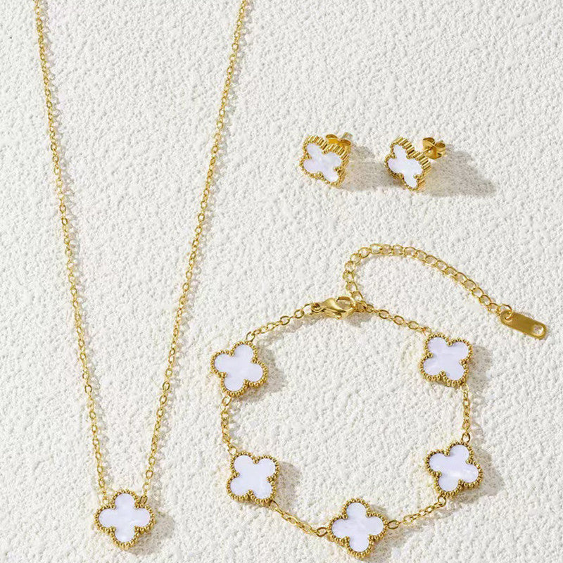 Stainless Steel Gold Plated Set Of White Anti Tarnish Clover Jewellery Set For Girls And Women