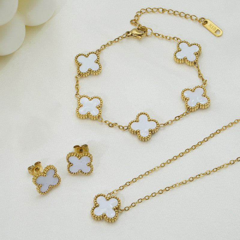 Stainless Steel Gold Plated Set Of White Anti Tarnish Clover Jewellery Set For Girls And Women