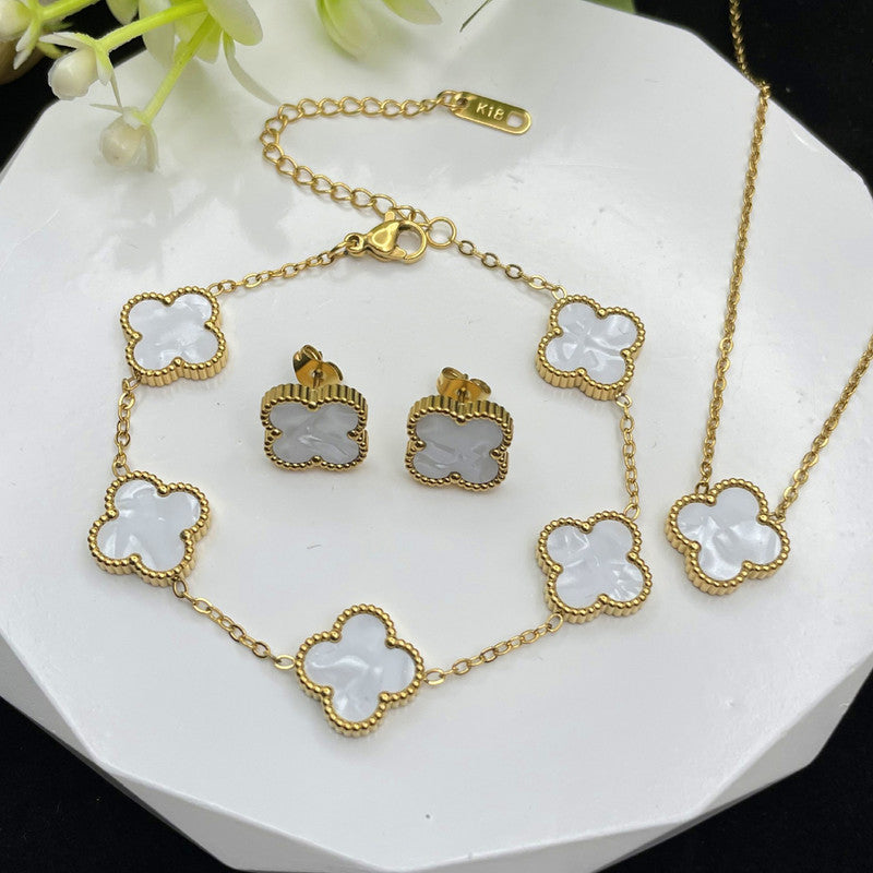 Stainless Steel Gold Plated Set Of White Anti Tarnish Clover Jewellery Set For Girls And Women