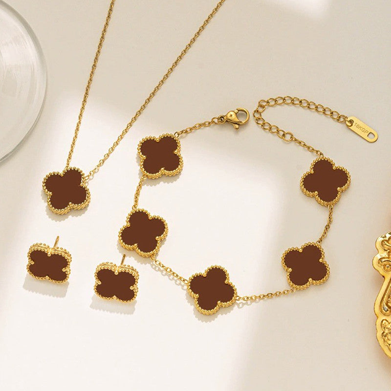 Stainless Steel Gold Plated Set Of Brown Anti Tarnish Clover Jewellery Set For Girls And Women