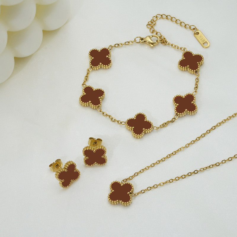 Stainless Steel Gold Plated Set Of Brown Anti Tarnish Clover Jewellery Set For Girls And Women