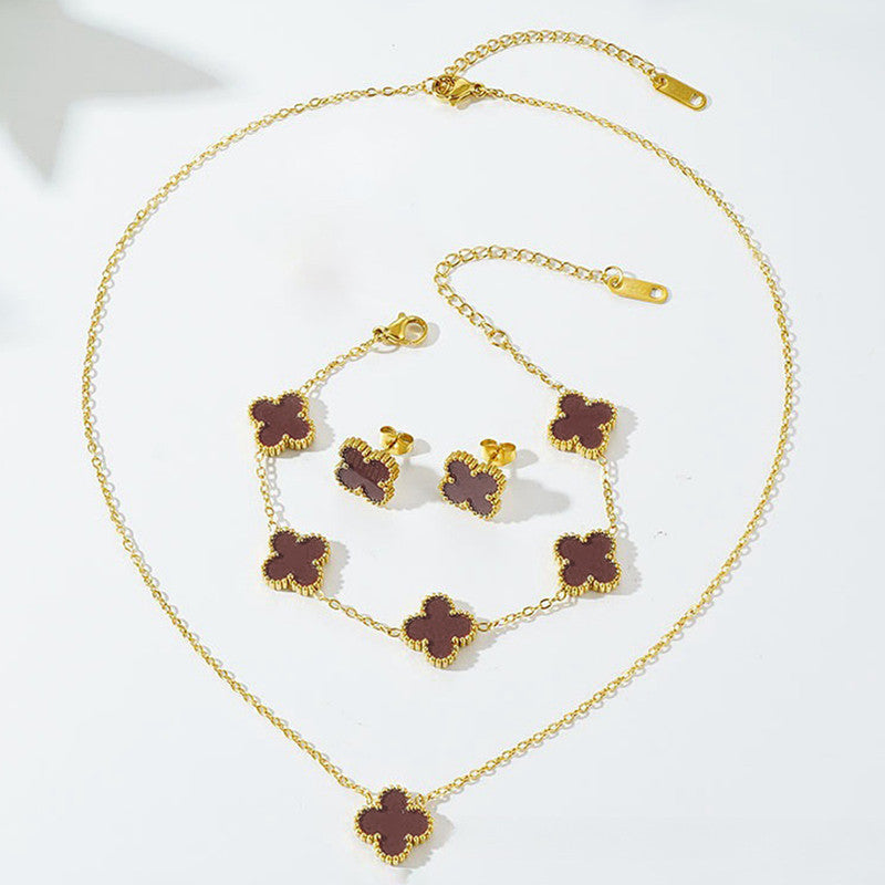 Stainless Steel Gold Plated Set Of Brown Anti Tarnish Clover Jewellery Set For Girls And Women