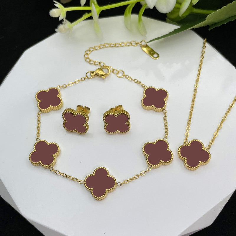 Stainless Steel Gold Plated Set Of Brown Anti Tarnish Clover Jewellery Set For Girls And Women