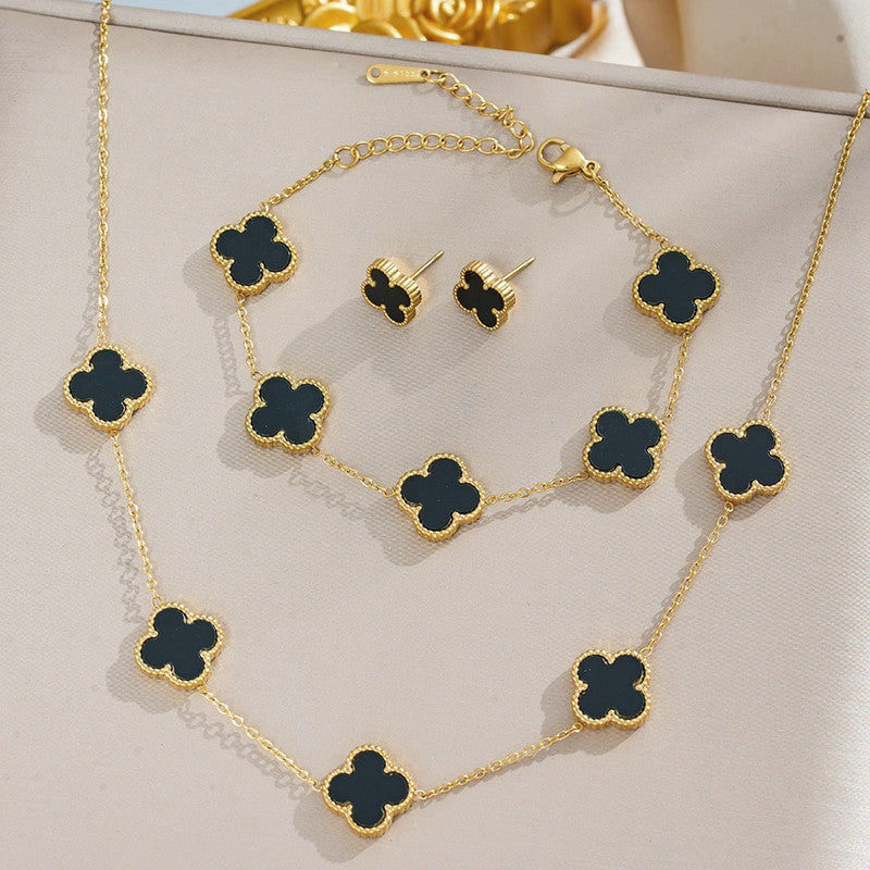 Stainless Steel Gold Plated Set Of Black Anti Tarnish Clover Jewellery Set For Girls And Women