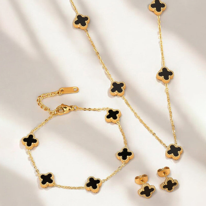 Stainless Steel Gold Plated Set Of Black Anti Tarnish Clover Jewellery Set For Girls And Women