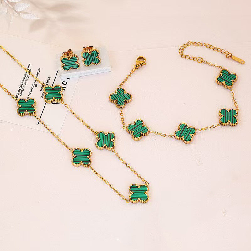 Stainless Steel Gold Plated Set Of Green Anti Tarnish Clover Jewellery Set For Girls And Women