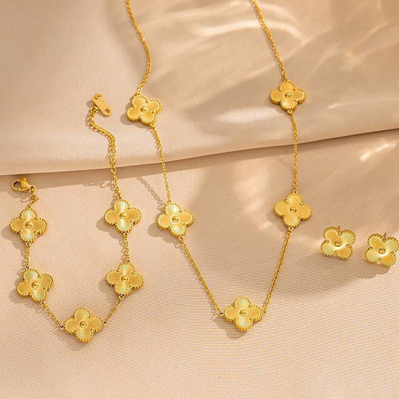 Stainless Steel Gold Plated Set Of Gold Anti Tarnish Clover Jewellery Set For Girls And Women