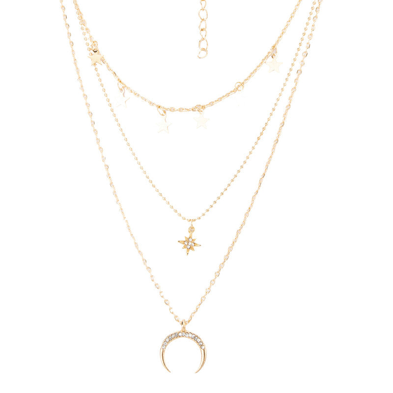 Stunning AD Moon & Star Design Gold Plated Chain Necklace For Women