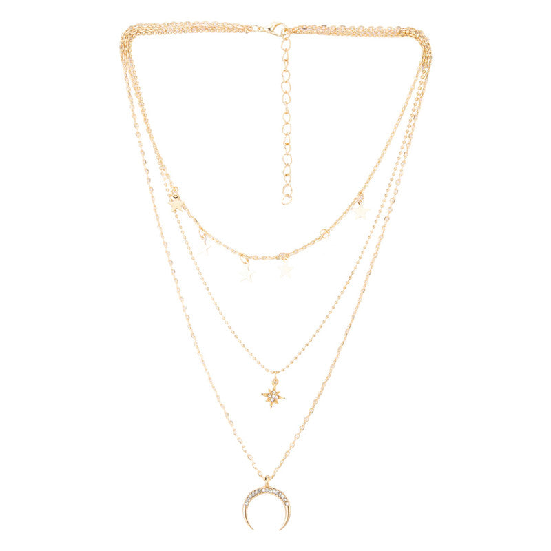 Stunning AD Moon & Star Design Gold Plated Chain Necklace For Women