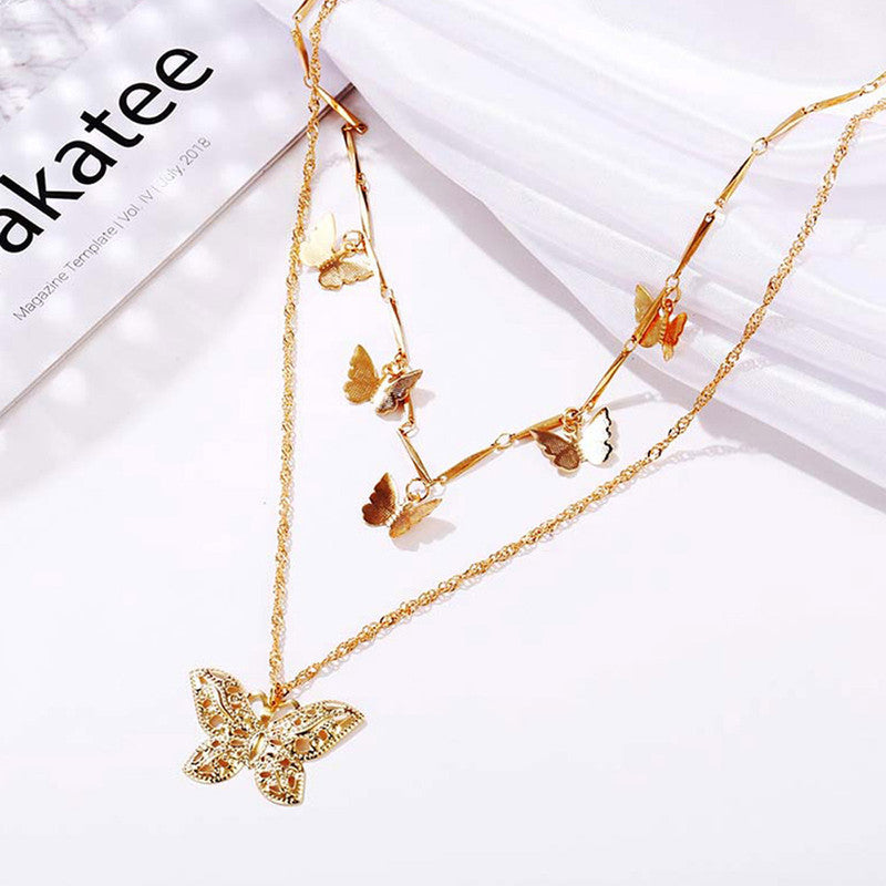 Gold Plated Butterfly inspired Layered Necklace For Women