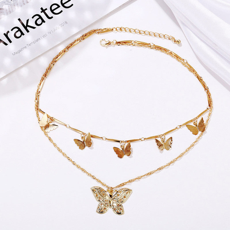 Gold Plated Butterfly inspired Layered Necklace For Women