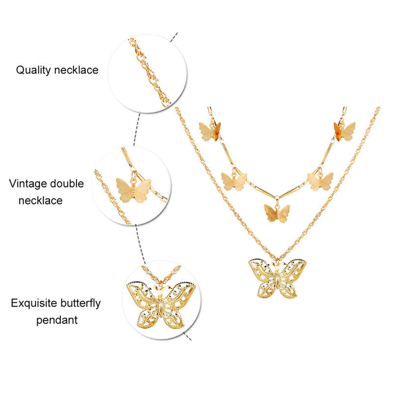 Gold Plated Butterfly inspired Layered Necklace For Women