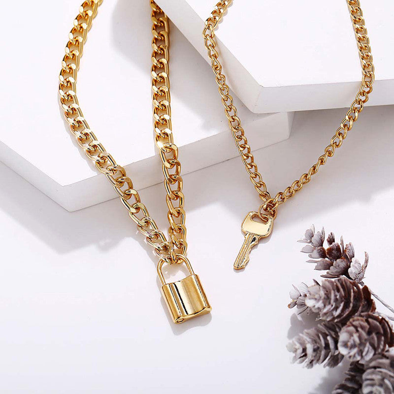 Stunning Gold Plated Lock Key Design Necklace For Women