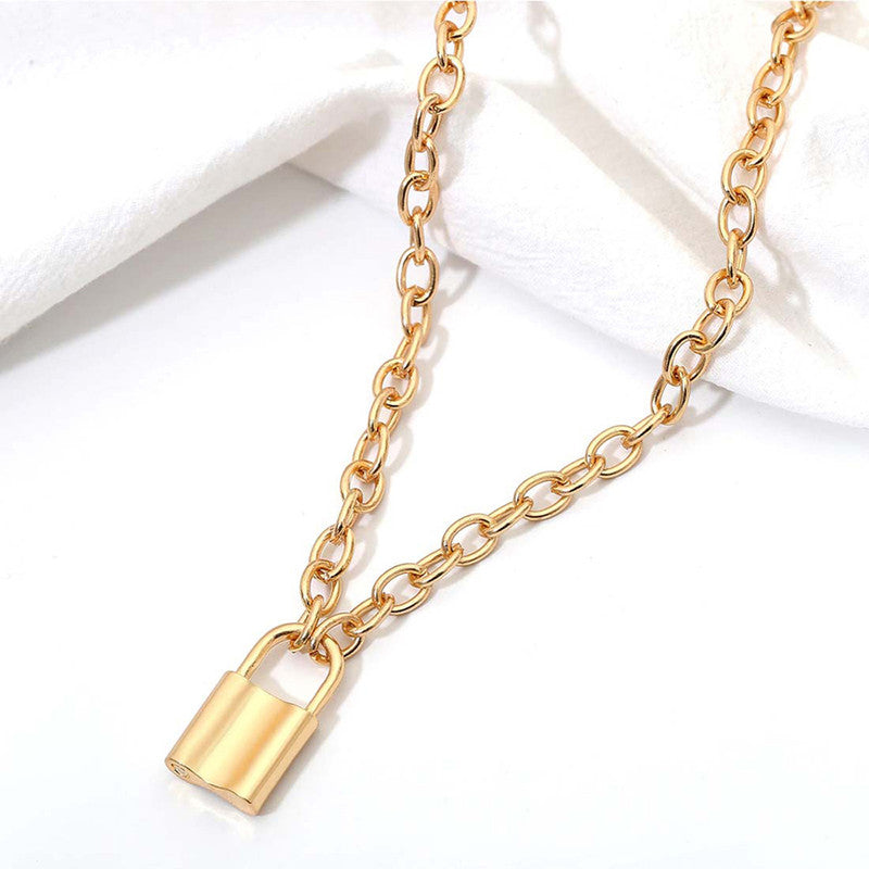 Glitzy Lock Design Gold Plated Chain Necklace For Women