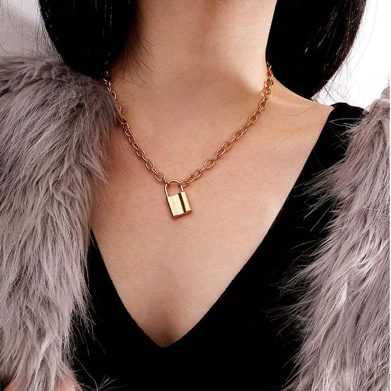 Glitzy Lock Design Gold Plated Chain Necklace For Women