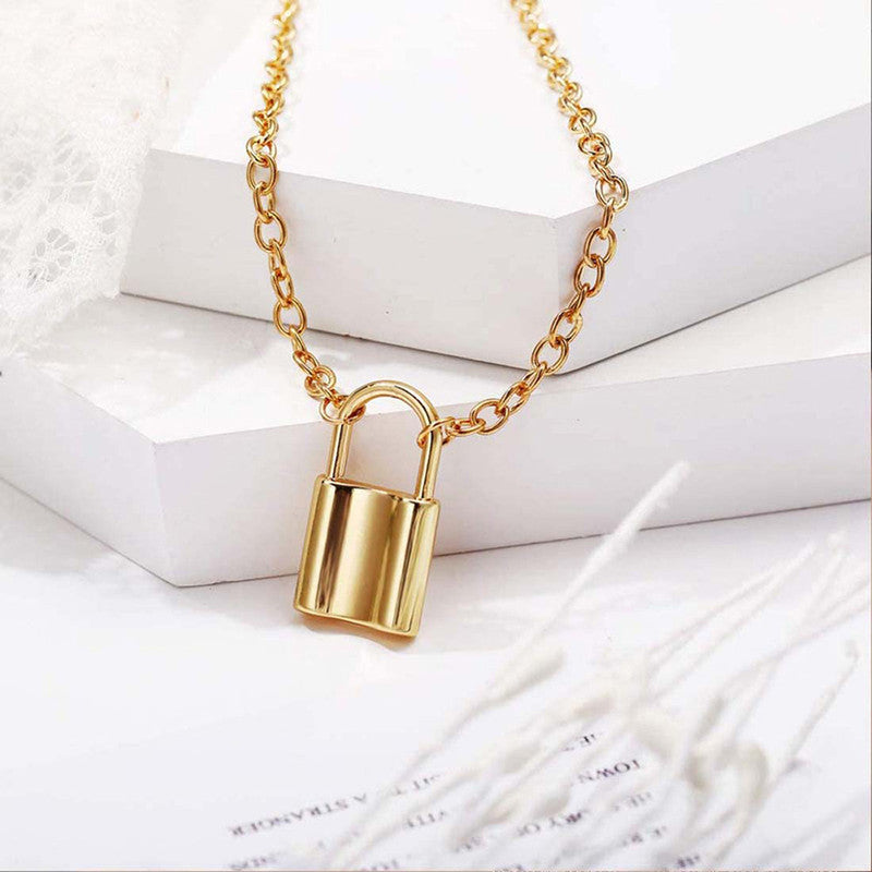 Glitzy Lock Design Gold Plated Chain Necklace For Women