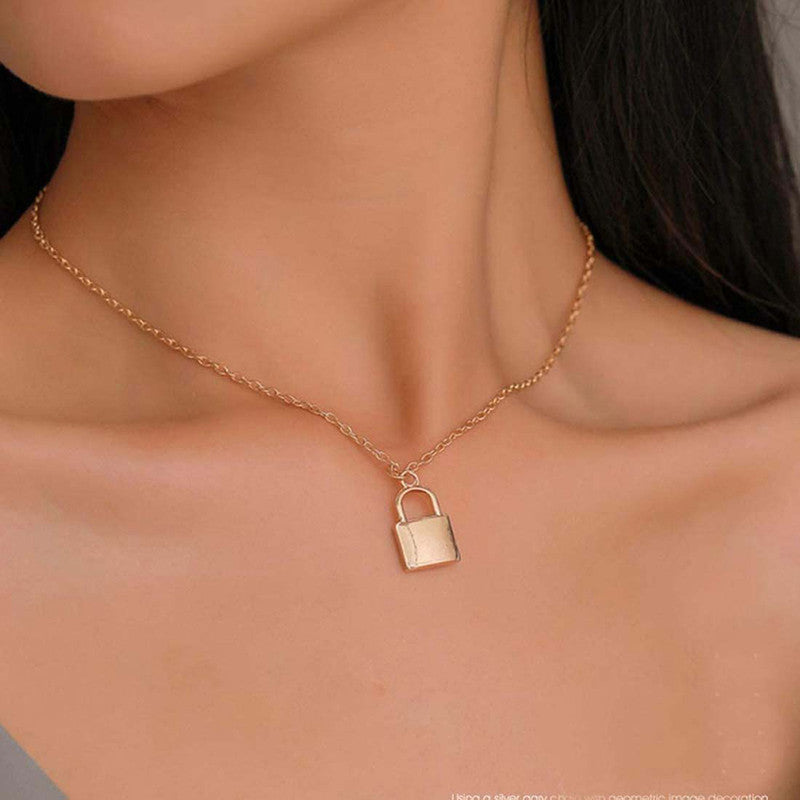 Glitzy Lock Design Gold Plated Chain Necklace For Women