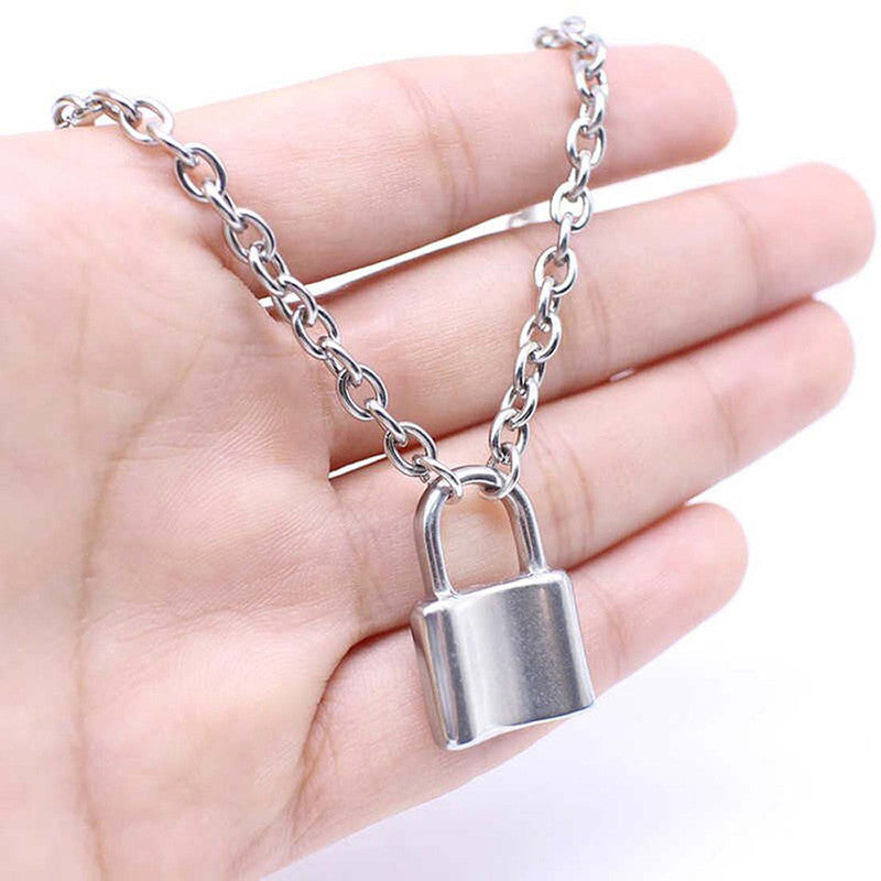 Glitzy Lock Design Silver Plated Chain Necklace For Women