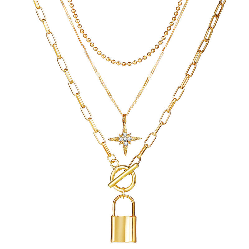 Marvellous AD Star Lock Gold Plated Multi Layers Necklace For Women