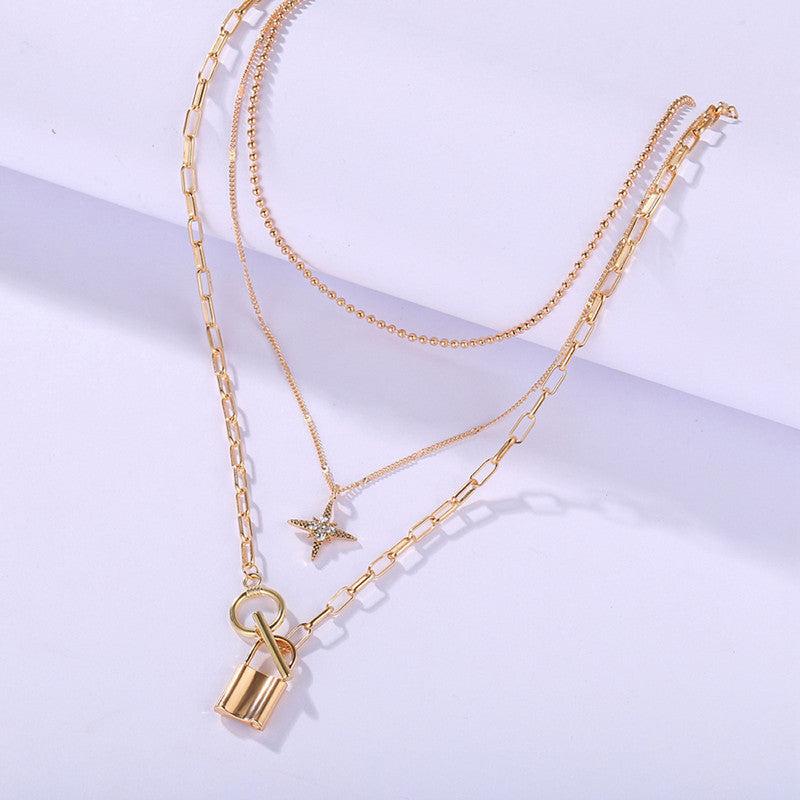 Marvellous AD Star Lock Gold Plated Multi Layers Necklace For Women