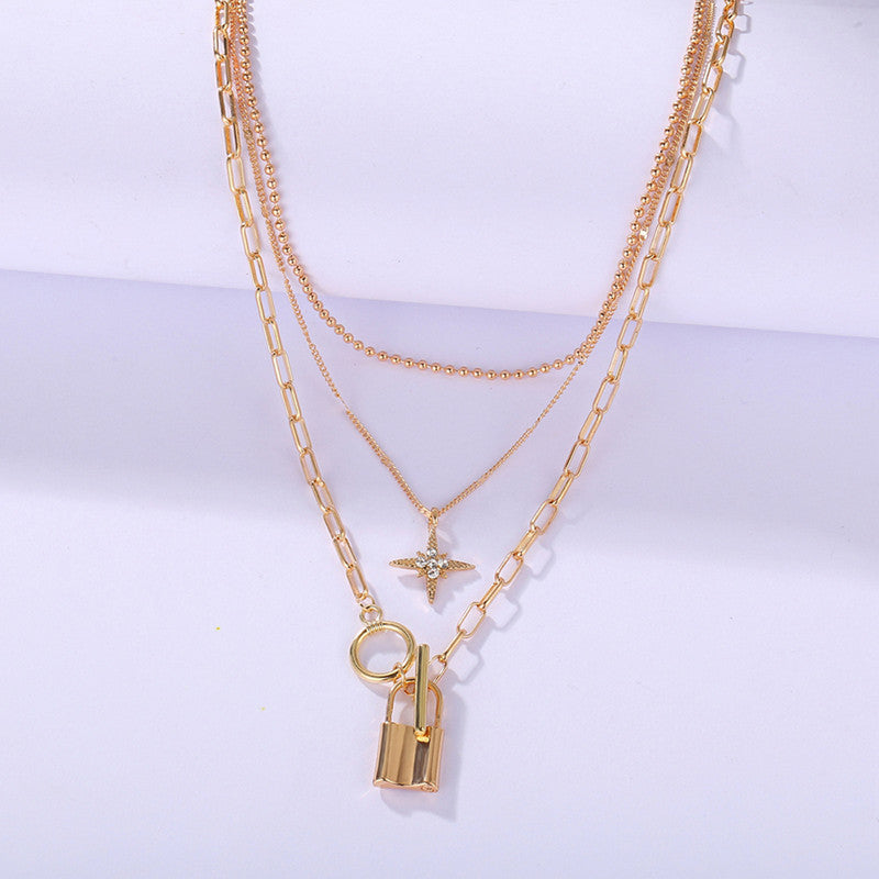 Marvellous AD Star Lock Gold Plated Multi Layers Necklace For Women