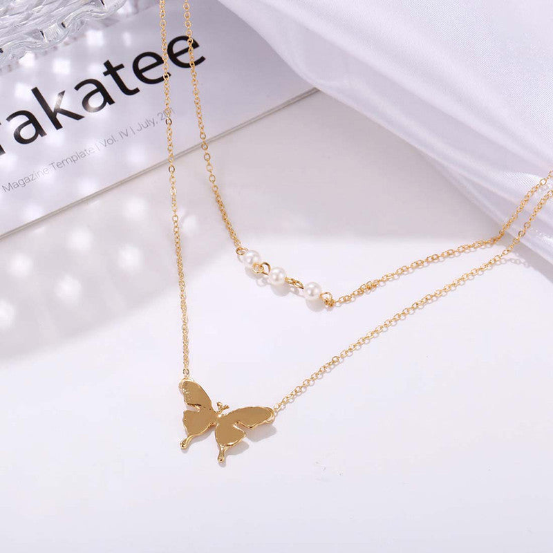 Tantalizing Pearl Butterfly Gold Plated Multi Layer Necklace For Women