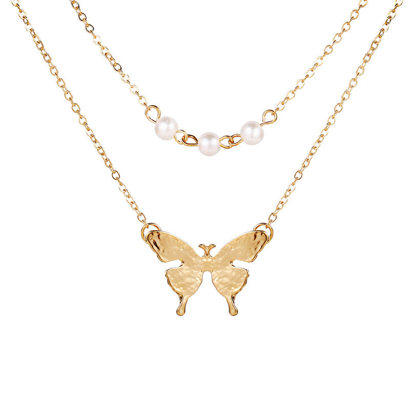 Tantalizing Pearl Butterfly Gold Plated Multi Layer Necklace For Women