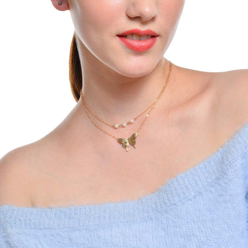 Tantalizing Pearl Butterfly Gold Plated Multi Layer Necklace For Women