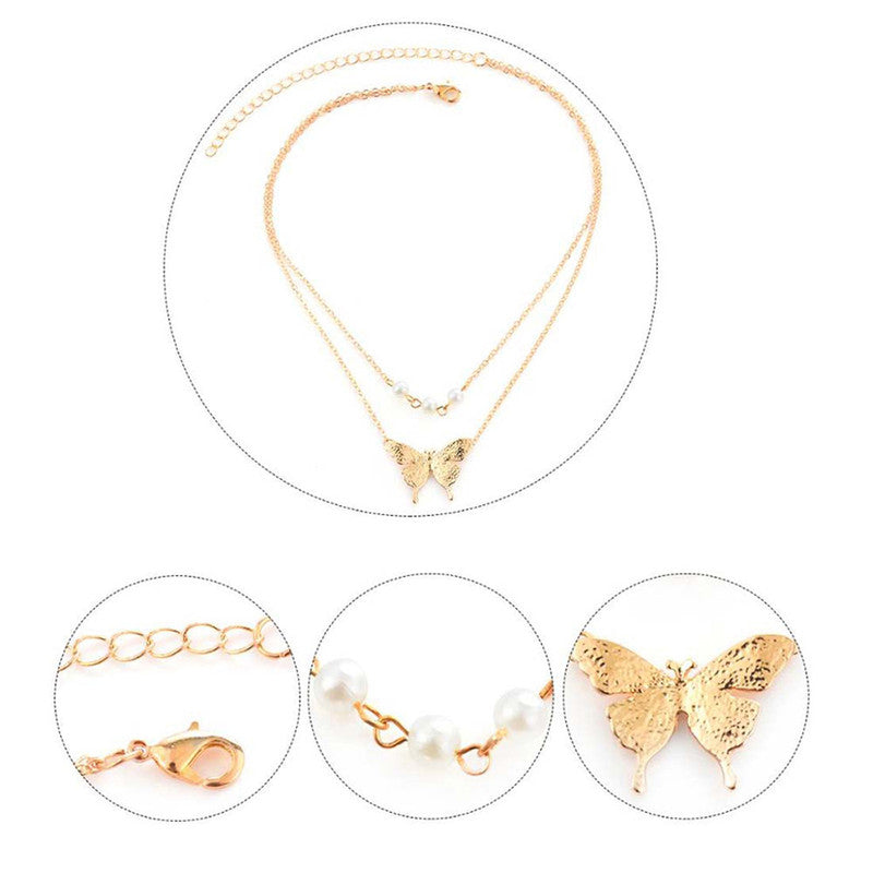 Tantalizing Pearl Butterfly Gold Plated Multi Layer Necklace For Women