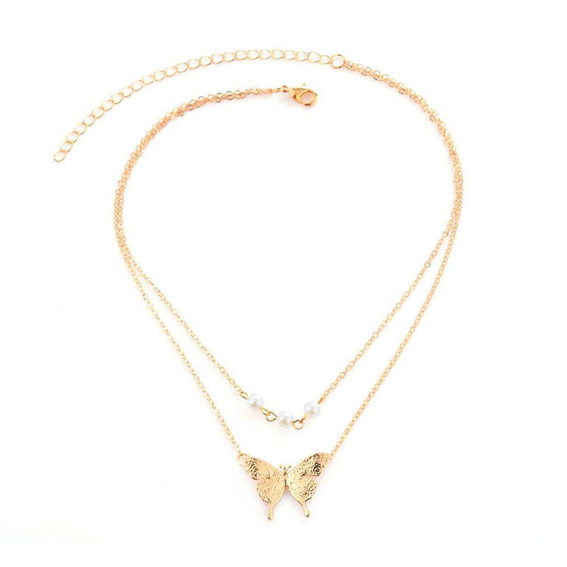 Tantalizing Pearl Butterfly Gold Plated Multi Layer Necklace For Women