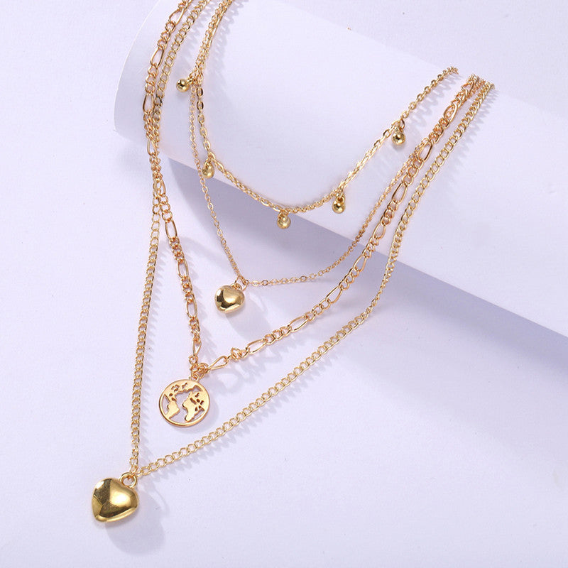 Gracious Heart Design Gold Plated Layered Chain Necklace For Women