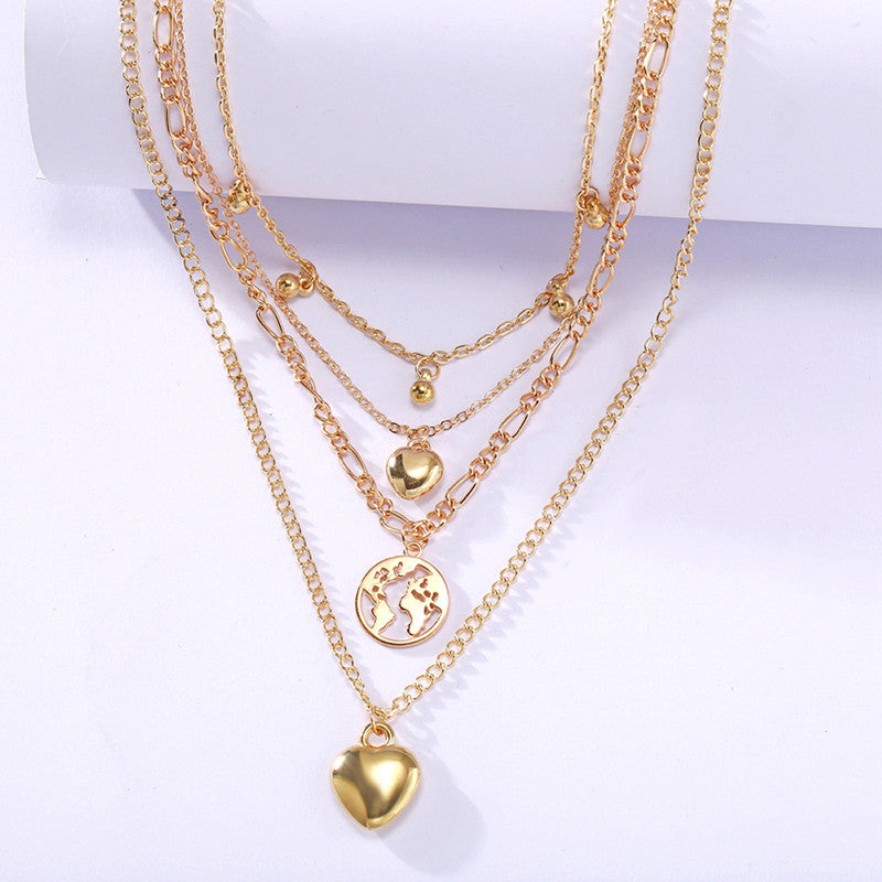 Gracious Heart Design Gold Plated Layered Chain Necklace For Women