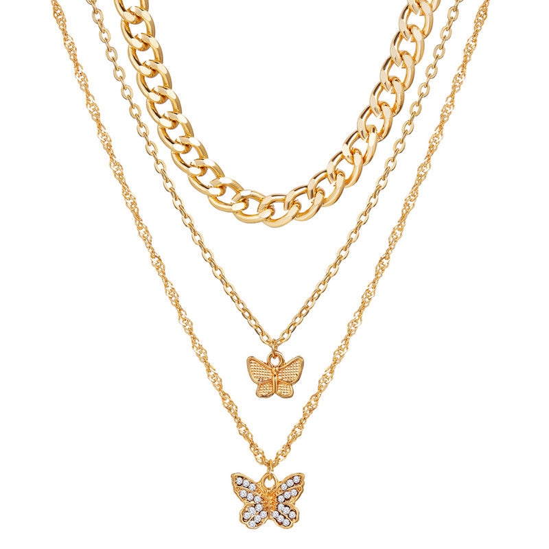 AD Butterfly Multi Strand Gold Plated Necklace For Women