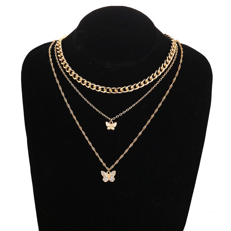 AD Butterfly Multi Strand Gold Plated Necklace For Women