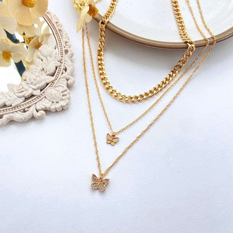 AD Butterfly Multi Strand Gold Plated Necklace For Women